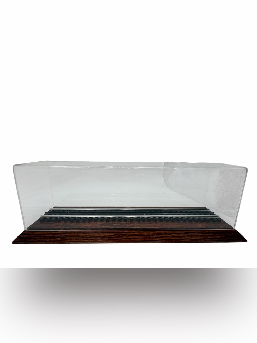 20" 3 Rail O Scale Clear Box Train Display Stand Walnut Brown Wood Miniature,